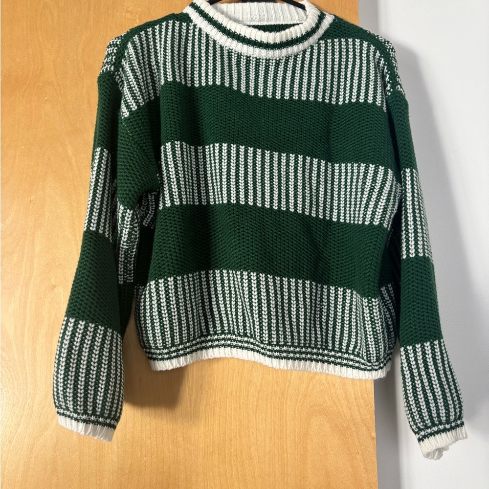 Green and White Striped Sweater